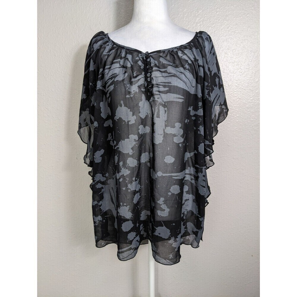 Black Rainn size L Boho Sheer Floral Lace‎ Peasant Tunic Blouse Relaxed Top N33